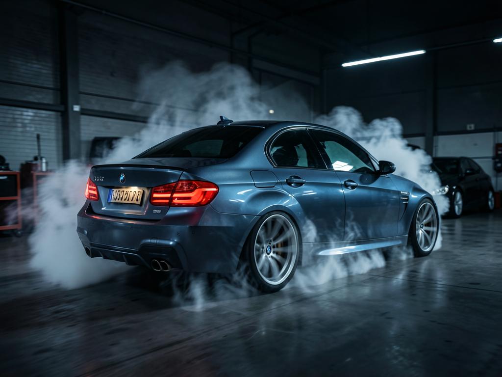 BMW E90 M3 drift car kicking tyre smoke in a dark garage