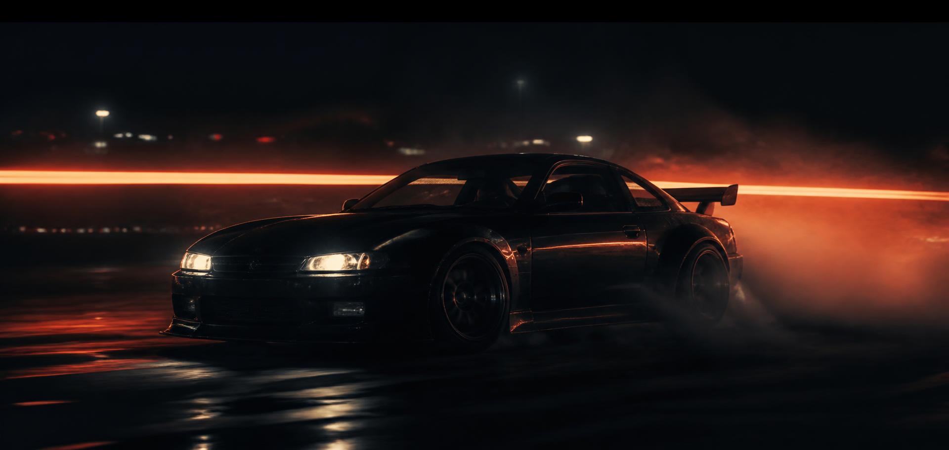 Showreel still of a car drifting through smoke at night